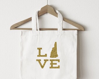 Love New Hampshire tote bag/custom tote/market bag/canvas shopping bag/state tote/market tote/ reuseable bag/ New Hampshire state bag/ gold