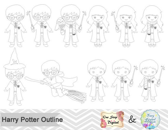 Black White Outline Harry Potter Digital Clip Art, Harry Potter Outline ...