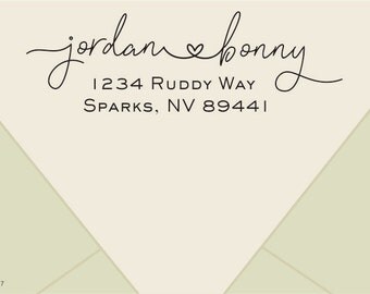 Custom Return Address Stamp -calligraphy stamp-name with heart- custom wedding address stamp- Self-Inking Personalized Stamp- curly font