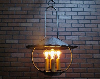 Rustic Antique Lantern Ceiling Light 18 1/2" Diameter Arts & Crafts California Mission Light Fixture 4 Light Edison Bulbs
