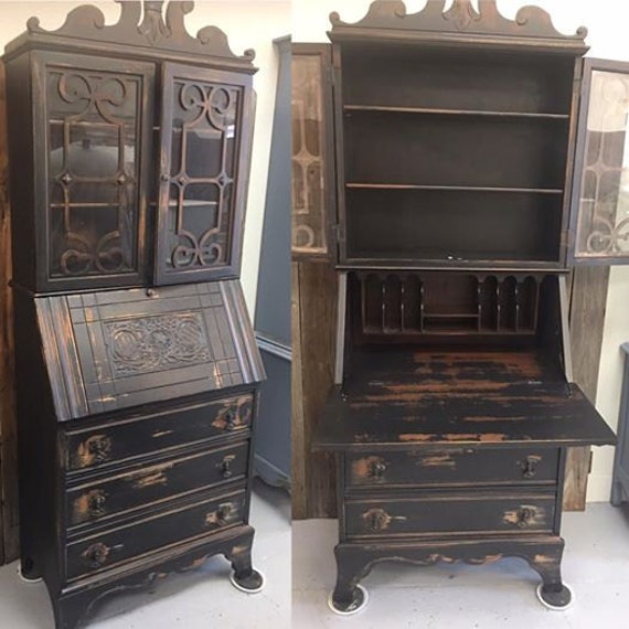 Vintage Shabby Black Distressed Secretary Desk Curio Shabby
