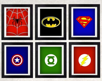 Superhero Art Printables // Superhero Decor // Boys Wall Art // Superhero Logos // Set of Six // Superhero Bedroom // Superhero Party Decor