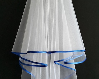 White Wedding Veil, Two Layers, Royal Blue Colour Satin Edging.