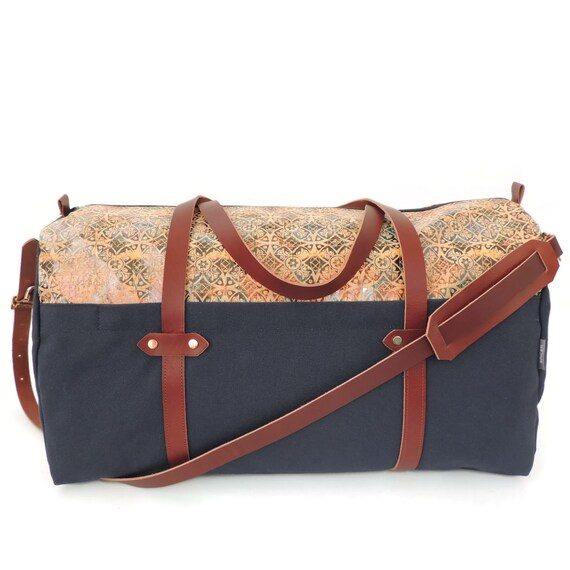 Items similar to Cork and Canvas Duffle Bag, Navy Weekender Bag, Large
