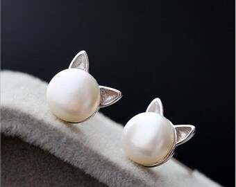 Cat Ears Pearl Stud Earrings. Cat Head Pearl Earrings. Cat Pearl Earrings.