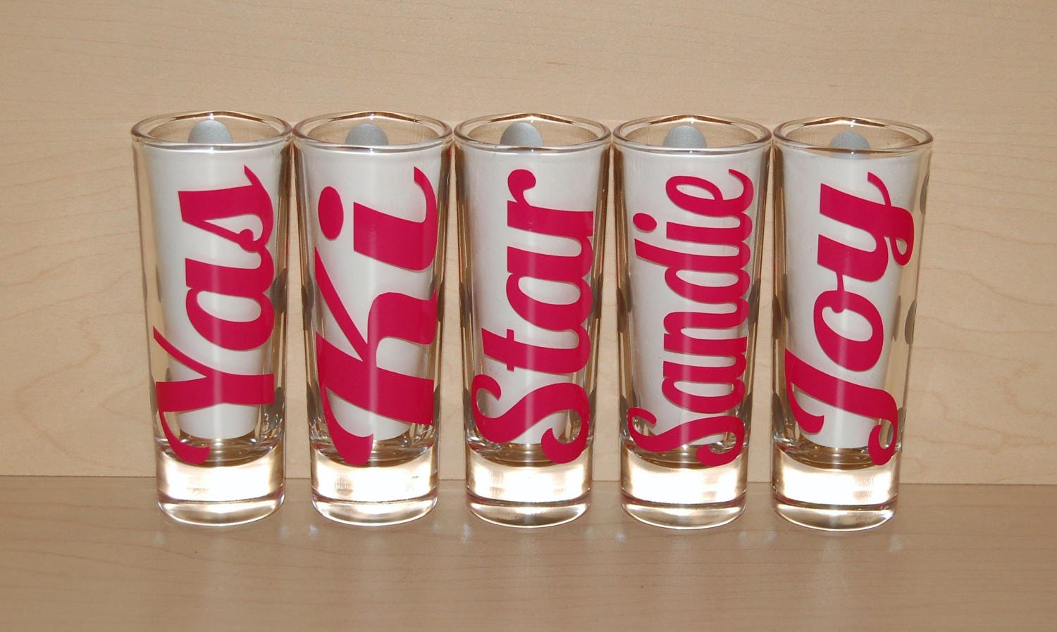 Set of 5 personalized shot glasses Names in font 5