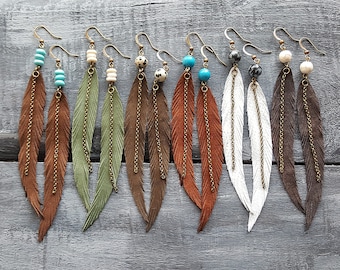 Long Feather Earrings Bohemian Earrings Gemstone Leather Earrings Bohemian Jewelry Long Leather Feather Earrings Boho Tribal Earrings.