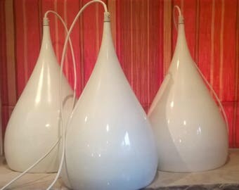 Aluminium hanging lamps, salvaged lighting. Scandi shaped white enameled metal pendant lamps.