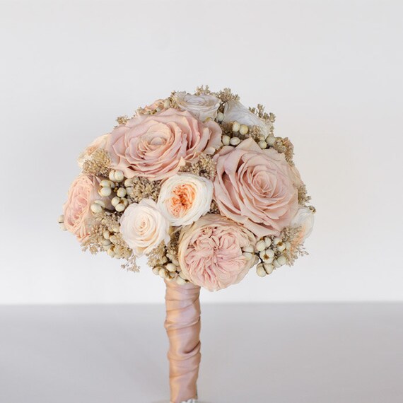 Blush rose and Ivory bridal bouquet Preserved roses berries