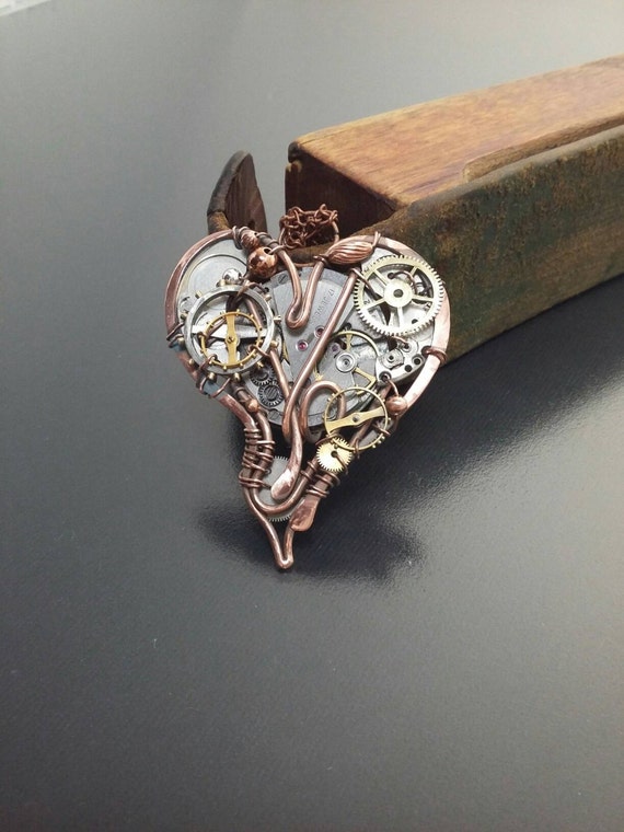 Steampunk heart pendant Industrial Victorian necklace Steampunk necklace Valentine gift Heart gears jewelry Watch parts heart Copper heart by AlmostRealFlowersArt steampunk buy now online
