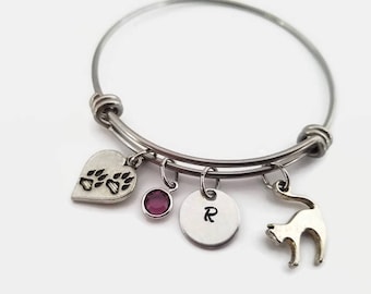 Cat charm bangle - cat bracelet paw charm - Cat lovers jewelry - gift for cat lovers - Personalized bangle bracelet - Initial stamped bangle
