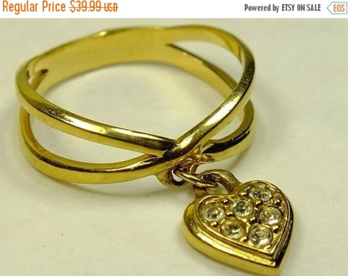Storewide 25% Off SALE Vintage Goldtone ring with dangling cubic zirconia Heart charm