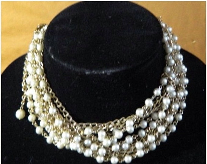 Storewide 25% Off SALE Vintage White Faux Pearl Endless Beaded & Stranded Designer Adjustable Bib Necklace Featuring Beautiful Gold Tone Acc