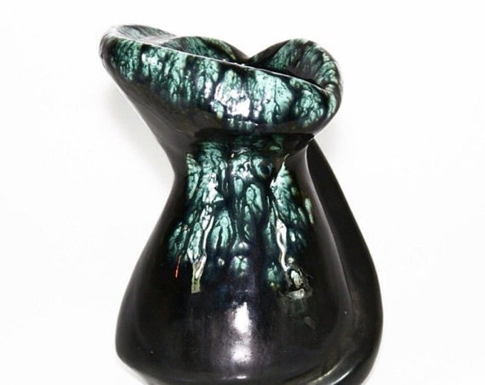 Storewide 25% Off SALE Vintage Uniquely Shaped Blackware Artisan Pottery Vase Featuring Eclectic Hourglass Inspired Style With Contrasting D