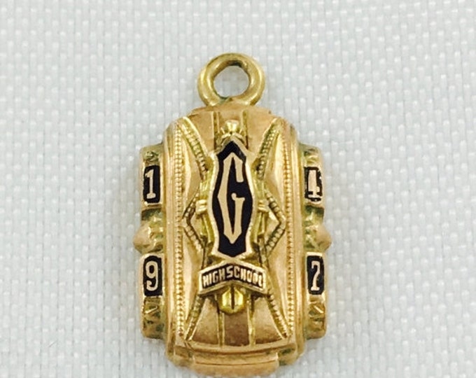 Storewide 25% Off SALE Antique 10k Yellow Gold 1947 "G" High School Graduating Class Medallion Charm Featuring Black Enamel Design