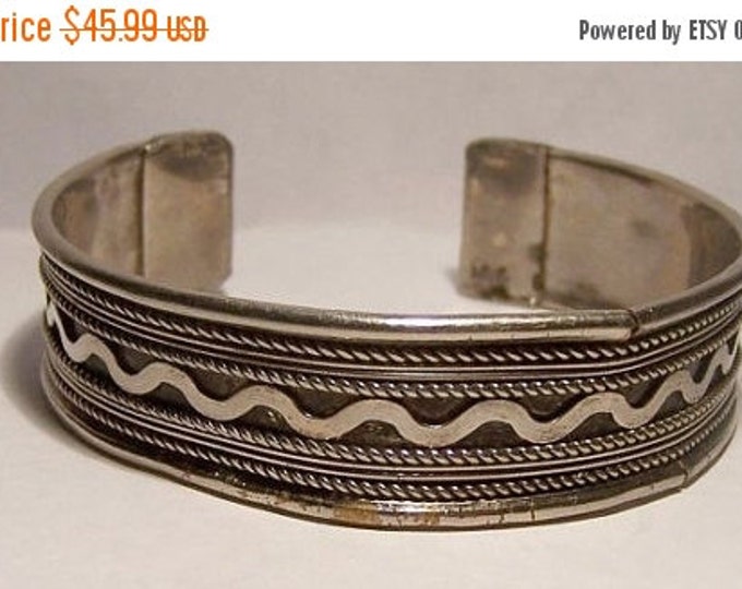 Storewide 25% Off SALE Beautiful Vintage Textured Relief Old Silver Tone Cuff Bracelet Featuring Lovely Patterned Surface Monogramed Design