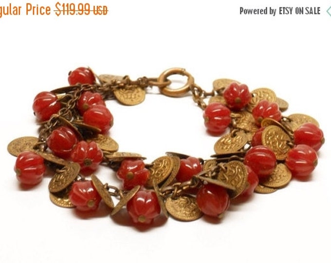 Storewide 25% Off SALE Antique Bronze Tone Metal Carnelian Beaded Middle Eastern Bracelet Featuring Moroccan Belly Dancing Style Design