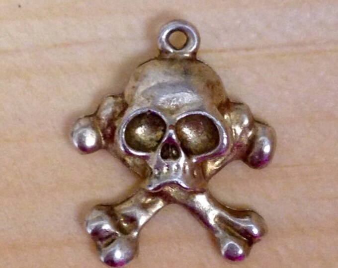 Storewide 25% Off SALE Vintage Silver Tone Scull & Crossbones Gold Washed Designer Bracelet Charm Featuring Eclectic Medieval Style Design