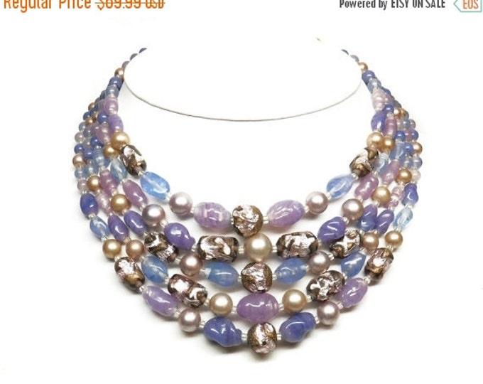 Storewide 25% Off SALE Vintage Five Stranded Glass Mixed Lavender Tone Beaded Designer Necklace Featuring Beautiful Mid Century Style