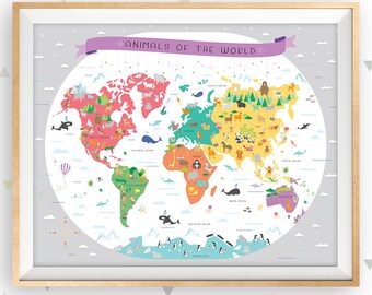 World map, Map of the world, Map wall art, Map nursery art, Educational poster, Classroom poster, Map poster, Animal map, Playroom art, Gray