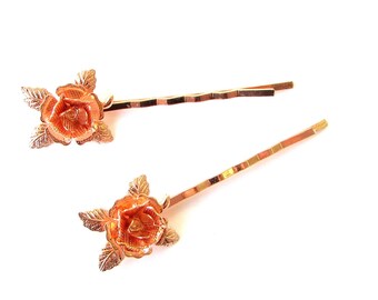 2 x Rose Gold Flower Hair Grips Baroque Flower Bobby Pins Clips Bridal Vtg 1180