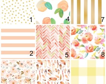 Peach Bedding - Girl Crib Set - Crib Bumpers - Peaches - Peach Blanket - Peach Crib Sheet - Girl Bedding - Peach Nusery - Floral - Gold Dot