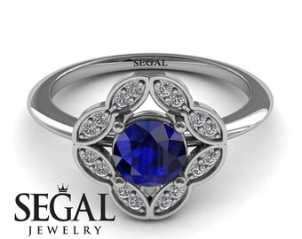 Victorian Engagement Ring Blue Sapphire Engagement Ring White Gold Vintage Antique Blue Sapphire Victorian Engagement Ring - Lucy