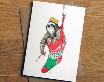 Hand drawn Christmas Card: Sloth in a Sock