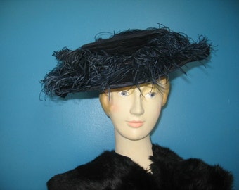 Edwardian Navy Blue Silk Velvet Widebrim Hat with Ostrich Feathers!