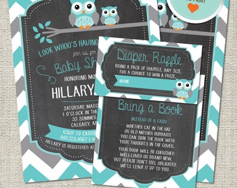 Owl Baby Shower Invitation, Owl Invitation, Owl, Teal, Gray, Chevron, Branch | DIY