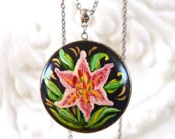 Unique gift|for|sister gift mom gift|for|wife statement necklace ethnic necklace delicate Jewelry Lily flower nature inspired Oil painting