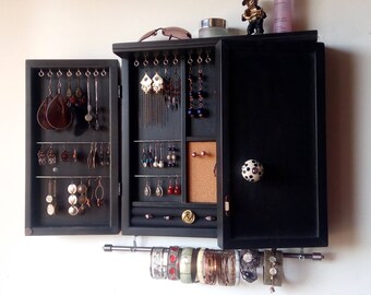 Jewelry cabinet. earrings holder with shelf. Armoire. BLACK stain jewelry storage.Wooden wall mounted jewelry closet. earrings storage.