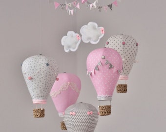 Hot air balloon baby mobile Grey Pink White Nursery decor,Travel theme,Custom mobile, Create mobile in your color