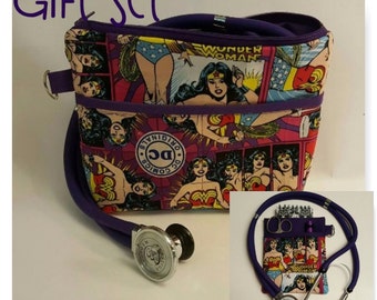 Nurse Bag and Matching Scrub Pocket Organizer! Stethoscope, Blood Pressure Cuff, CNA, RN, LPN, Vet Tech! Wonder Woman Gift Set!