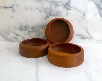 Vintage Mid Century Modern Staved Teak IHQ Jens Quistgaard Set of 3 Teak Wood Bowls Round with Oblong Openings Denmark