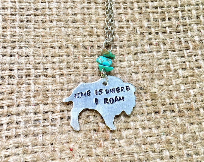 Buffalo Necklace, Bison Necklace, Home is Where I Roam, Roam Buffalo Pendant, Wyoming Necklace, Animal Necklace, Stamped Necklace