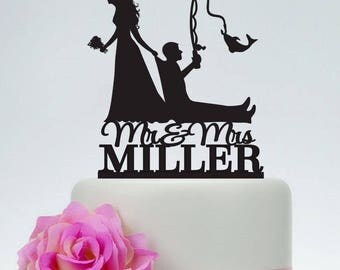 Bride Pulling Groom, Bride Dragging Groom, Funny Cake Topper, Custom Fishing Cake Topper,Mr and Mrs Cake Topper, Outdoor Wedding, C191