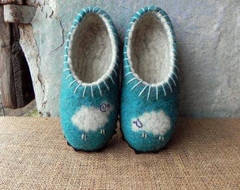 Turquoise felted slippers sheep natural wool suede soles wool slippers, sheep slippers