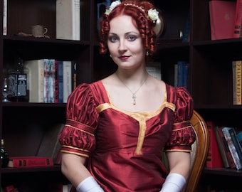 Red Silk Empire Dress, Regency Silk Dress