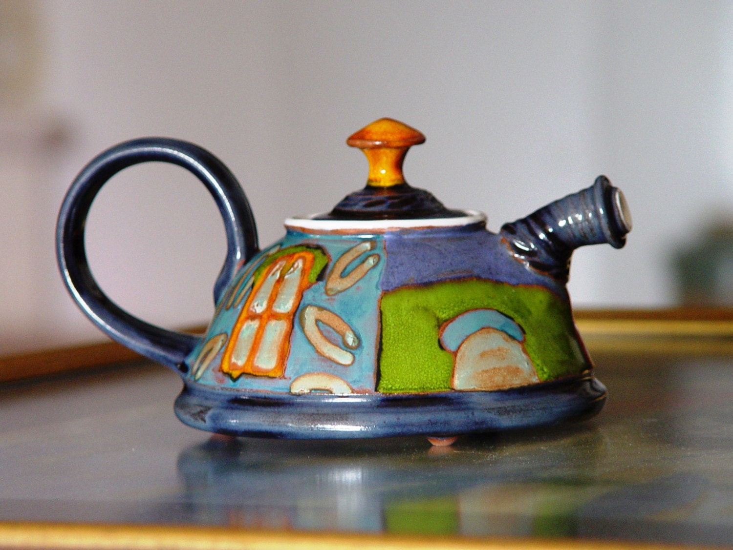 Cute Pottery Teapot, Ceramic Kettle for One. Colorful Pottery Gift