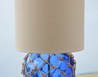 Cobalt Blue Glass Fishing Float Lamp with Tan Lamp Shade