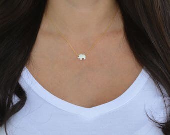 White opal sterling silver elephant necklace. Small elephant necklace. White opal elephant necklace. Gold plated mini elephant necklace.