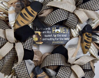 Rustic Bumble Bee Burlap and Mesh Wreath with Primitive Wood Bees and Pip Berries; Summer Spring Decor Wreath; Primitive Country Wreath