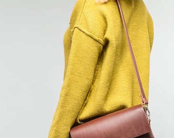 Brown leather shoulder bag, Small genuine leather satchel, Cross body bag, Minimalist handbag, gift for her