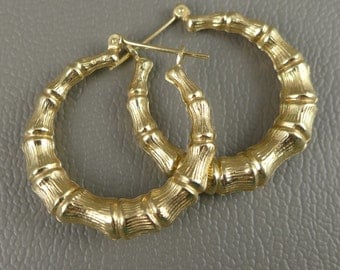 Gold Hoop Earrings, Vintage 14K Yellow Gold Bamboo Hoop Earrings