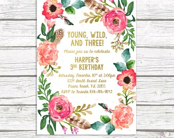 Young Wild and Three Birthday Invitation, Wild and Three Boho Birthday Invitation, Girl Invite, Third 3rd Birthday, Floral Wreath Printable