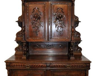 French Hunt Cabinet Large Impressive Model in Oak Solid Carved Doors 19th Century HUGE Lions #7097