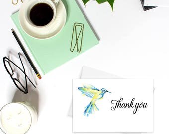 Thank you cards PRINTABLE, Baby Shower thank you cards, Wedding thank you cards, Watercolor cards, Hummingbird cards, Bird card