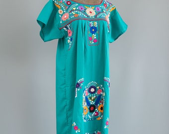 Hand Embroidered Vintage Mexican Dress, Traditional Oaxacan Flower Embroidery