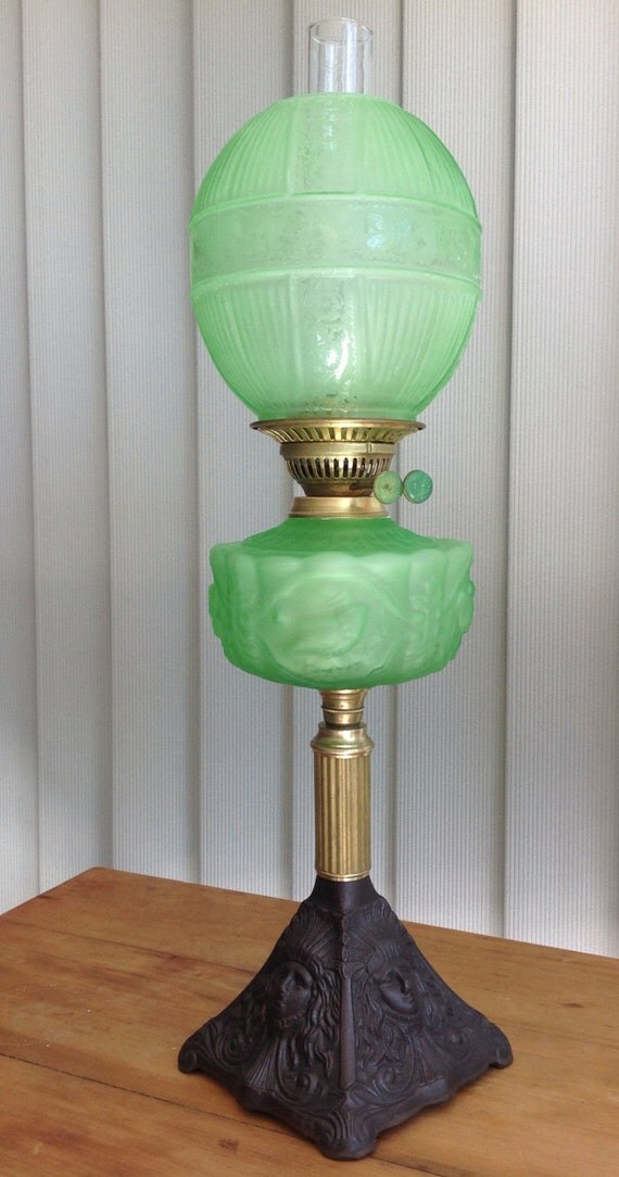 Depression Green Glass Oil/Kerosene Banquet Lamp